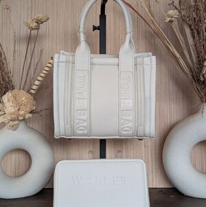 Mini White Tote Bag Adjustable Removable Crossbody Strap And Matching Wallet.